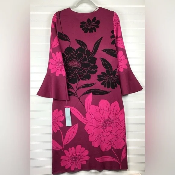 London Times NWT Women'sBell Sleeve Floral Print Sheath Sweater Dress Size XL